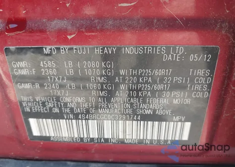 2012 Subaru Outback 2.5I Premium z USA, uszkodzony, nr VIN 4S4BRCGC0C3291744